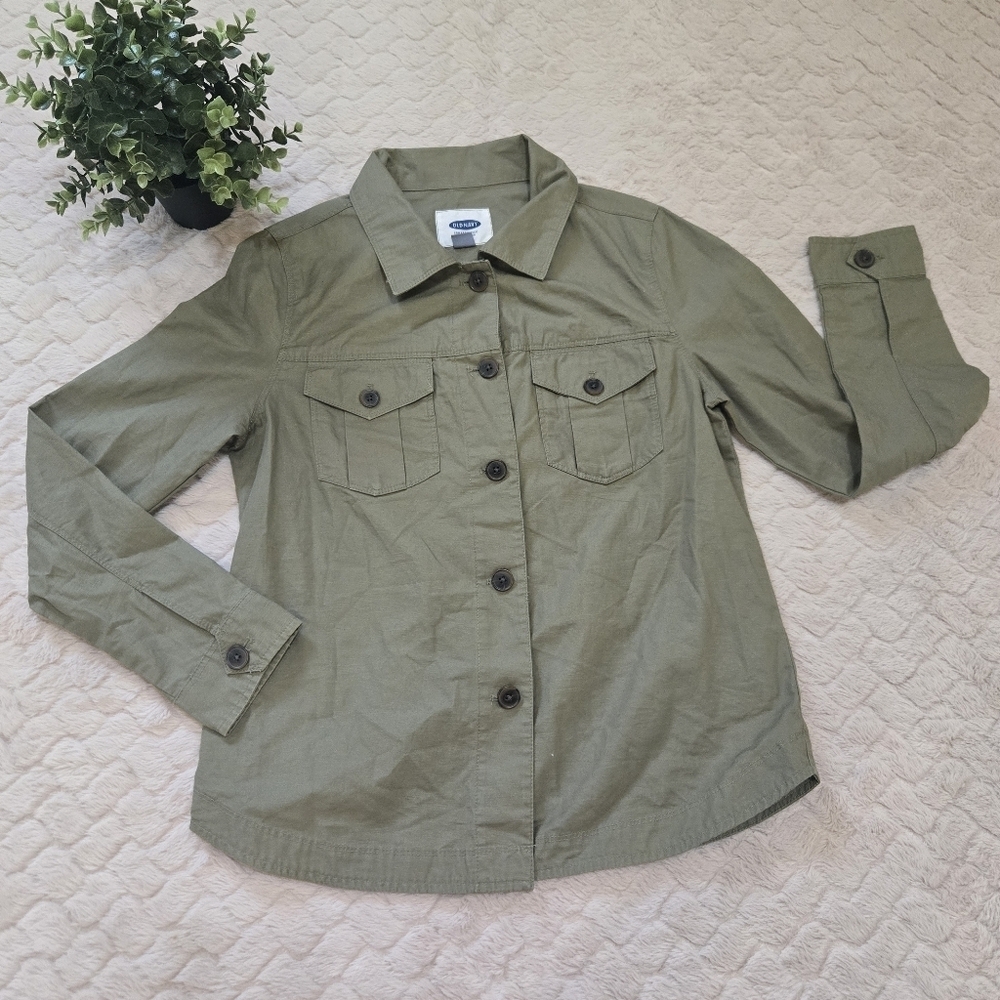 Old Navy Green Button-Front Twill Shirt Jacket, 100% Cotton, Size Small